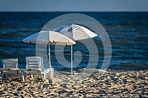 Zatoka beach at evening time in September. Odessa region, Zatoka, Ukraine