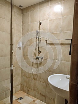 Zatoka, Odessa, Ukraine - September 6, 2021 Shower room interior in Robinson Park Hotel room. Review of the hotel