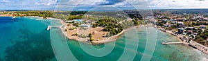 Zaton, Croatia - Aerial wide panoramic view of Zaton tourist waterfront with turquoise sea water and Nin village