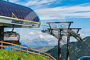 Summer cable car in Alps. Gamskogel 6-seater chairlift in Zauchensee, Austria