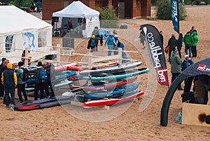 Zavidovo, Russia 21 September 2019: Stand Up Paddle tournament. men and women extreme sports and adventure