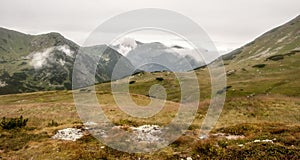 On Zavory mountain pass dividing Zadna Ticha and Kobylia dolinka valleys in Tatra mountains in Slovakia