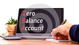 ZBA zero balance account symbol. Concept words ZBA zero balance account on beautiful black tablet. Beautiful white background.