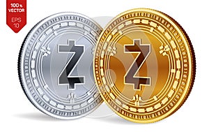 Zcash. Crypto currency. 3D isometric Physical coins. Digital currency. Golden and silver coins with Zcash symbol