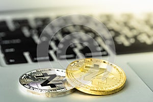Zcash ZEC Coin on notebook. photo