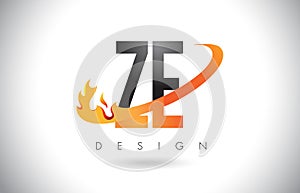 ZE Z E Letter Logo with Fire Flames Design and Orange Swoosh.