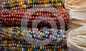 Zea Mays sweetcorn with multicoloured kernels, grown on an allotment in London UK.