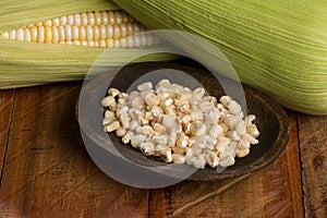 Zea mays - Wooden bowl with raw corn kernels, on wooden background