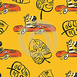 Zebra car race funny cool summer t-shirt seamless pattern. Road trip vacation print design. Beach sports