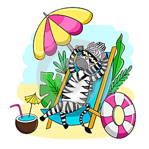 Zebra in cartoon style on the beach, summer postcard vector