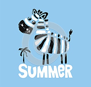 Zebra cool summer t-shirt print. African animal with slogan. Beach funny child wear illustration. Vacation