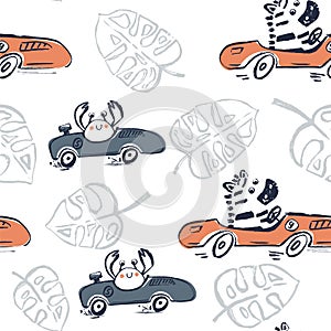 Zebra, crab car race funny cool summer t-shirt seamless pattern. Road trip vacation print design. Beach sports