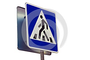 Zebra crossing, pedestrian cross warning traffic sign in blue and pole. isolated