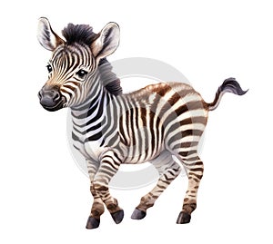 Zebra cub isolated on white background. Zebra baby. African animals. Safari. Illustration