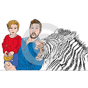 Zebra with dad and baby amazed Color illustration humorist and realist photo