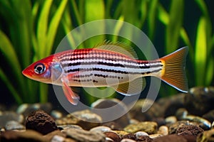 zebra danio with septicemia, disruptive red streaks beneath scales