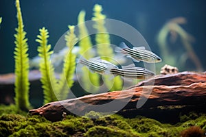 zebra danios darting above a mossy substrate