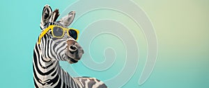 A zebra dons trendy yellow sunglasses, humorously posing with a soft gradient turquoise background