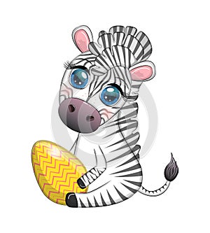 Zebra with Easter egg, flowers. Easter greeting card