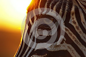 zebra eye witnessing sunrise, warm light bathing its face