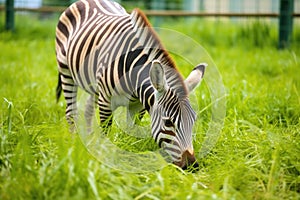 a zebra feeding on grass in a large enclosure