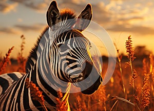 zebra in the field backlit warm lighting sunset nature. Generative AI