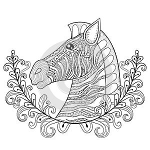 Zebra in Floral frame. Vector zentangle Zebra Head illustration, Horse print for adult anti stress coloring page. Hand drawn