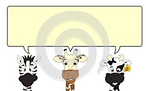 Zebra, giraffe and cow with speech bubble