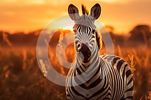 Zebra in the grass with warm light nature at sunset by Generative AI