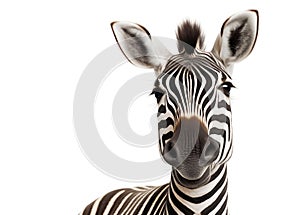 Zebra head portrait with distinct black and white stripes against a white background, looking directly at the camera.