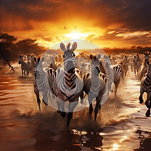 Zebra herd going for a drink in Serengeti