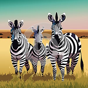 Zebra. Illustration. Zebra in natural grass habitat, Kenya National Park. Nature wildlife scene, Africa.
