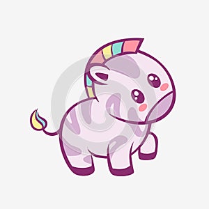 Zebra kawaii cartoon. Smiling funny little zebra with rainbow mane and touched anime style.