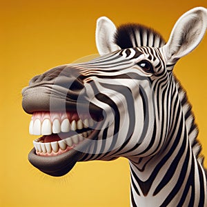 Zebra laughing on a vibrant yellow background