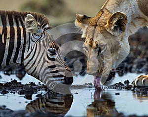 A zebra and a lion are drinking water from a muddy pond. The scene is peaceful and natural