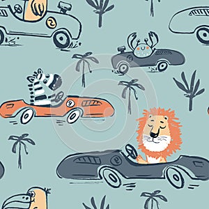 Zebra, lion, toucan car race funny cool summer t-shirt seamless pattern. Road trip vacation print design. Beach sports