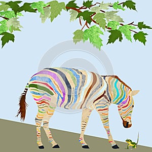 A zebra media mix painting with colorful stripes that meets a chameleon on its way and shows curiosity