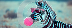 Zebra with pink sunglasses and a matching balloon