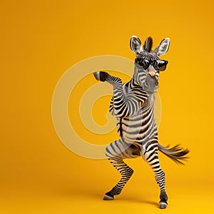 Zebra with a playful attitude dances on hind legs, wearing cool sunglasses against a vivid yellow background.