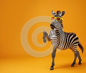Zebra with a playful attitude dances, wearing cool sunglasses against a vivid yellow background.