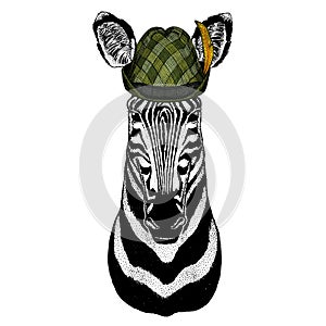 Zebra portrait. Austrian bavarian tirol hat. Beer festival. Oktoberfest. Head of wild animal.
