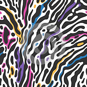 Zebra print seamless pattern with color splashes. Abstract pattern in modern color palette. Suitable for for apparel