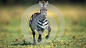 A zebra running through the grass in the wild