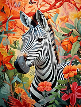 zebra\'s head adorned with colorful and vibrant flower patterns, fusing the allure of wildlife and nature. photo