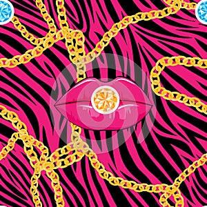 Zebra seamless pattern in abstract style with hot pink lips and gold chains with gemstone, Vector illustration seamless animal