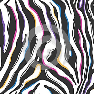 Zebra seamless pattern with color splashes. Hand drawn colorful abstract print suitable for for apparel, textile