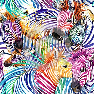 Zebra seamless pattern. tropical nature watercolor illustration.