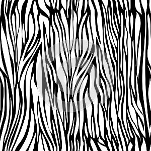 Zebra skin seamless pattern, animal texture, animalistic ornament, monochrome abstract tracery, vector background. Chaotic black s