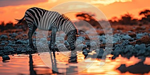 A Zebra Stallion Drinks at the waterhole