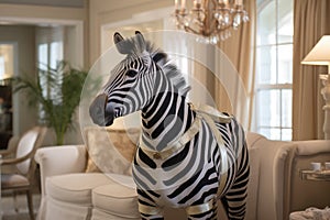 a zebra standing on a couch